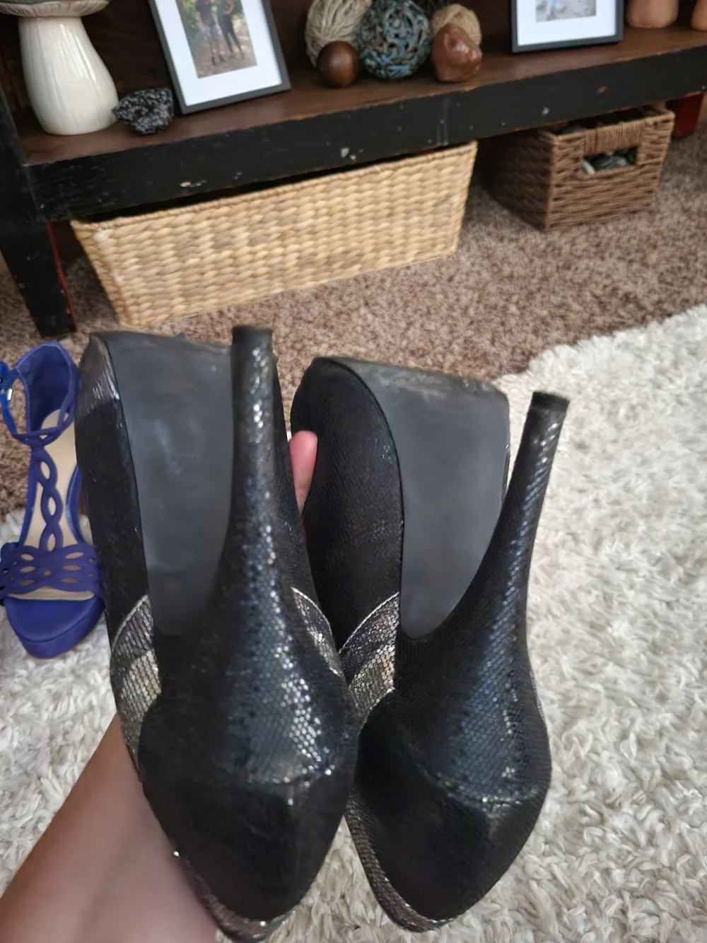 Worthington Black & Silver Metallic Peep Toe Platform Heels | Women's Size Sz 7